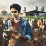 Ganadero joven usando tablet en campo con ganado y sensores tecnológicos de fondo, ambiente moderno y natural.