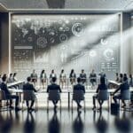 Emprendedores reunidos en una moderna sala de conferencias con tecnología avanzada.