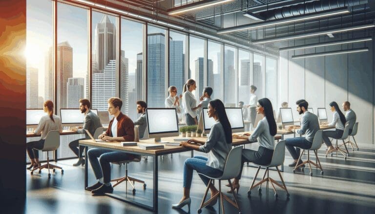 Oficina moderna con emprendedores trabajando frente a computadoras en un ambiente de startup tecnológica.