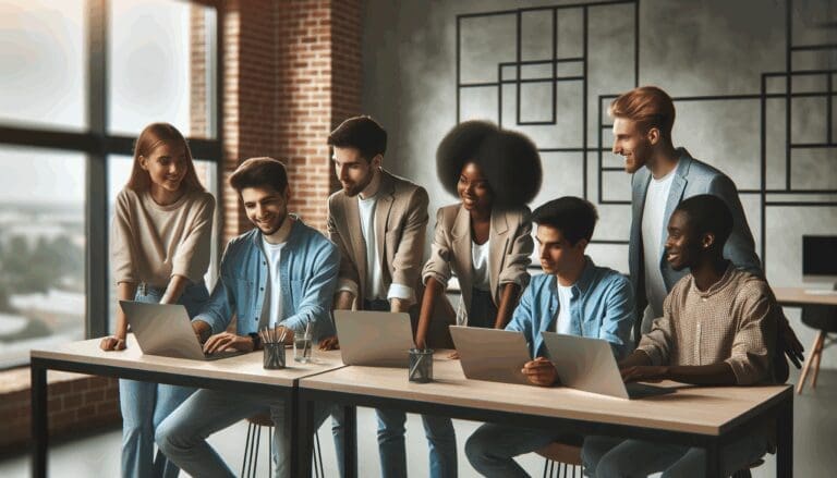 Jóvenes emprendedores colaborando en un espacio de coworking moderno con laptops y pantallas digitales.