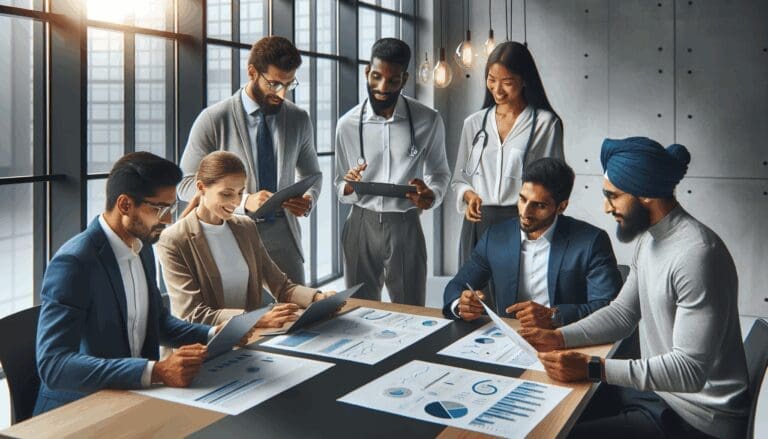 Equipo diverso de emprendedores tecnológicos analizando gráficos de datos médicos en una sala de reuniones moderna.