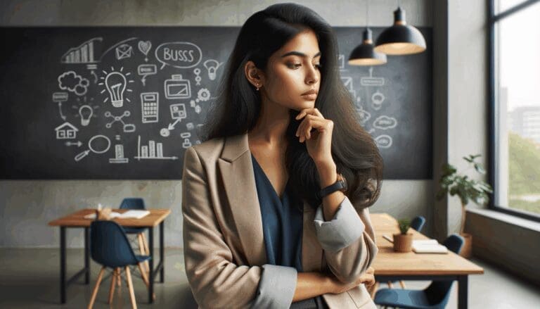 Joven emprendedora reflexionando en una moderna oficina abierta, con pizarras llenas de ideas de negocio.