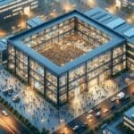 Vista aérea de un moderno centro de innovación repleto de emprendedores y tecnología.