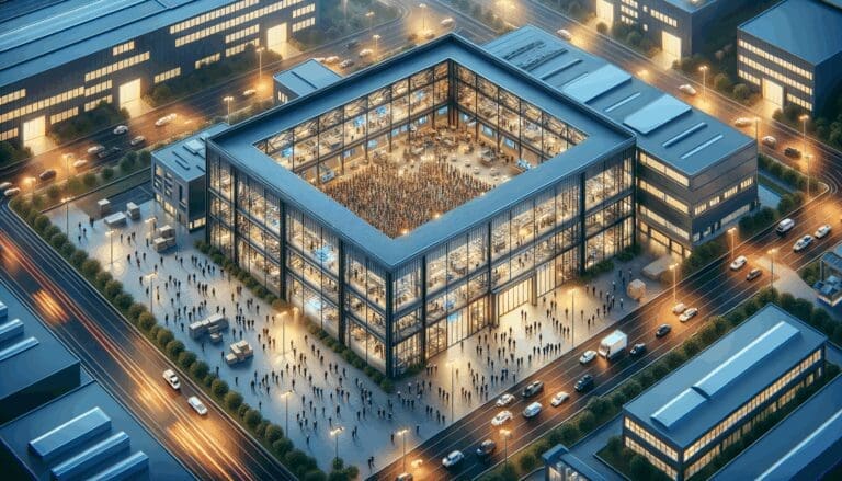 Vista aérea de un moderno centro de innovación repleto de emprendedores y tecnología.