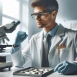 Investigador en laboratorio de minerales observando muestras con tecnología avanzada.