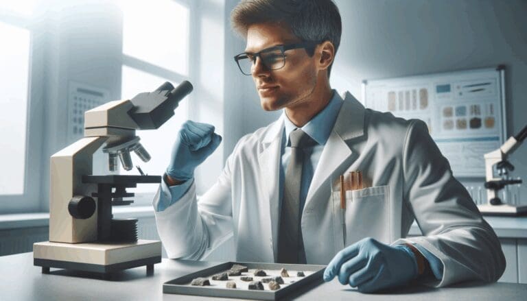Investigador en laboratorio de minerales observando muestras con tecnología avanzada.