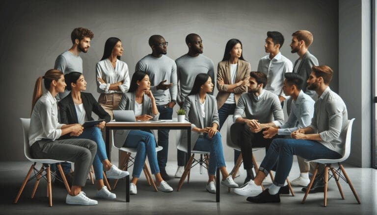 Jóvenes emprendedores discutiendo ideas innovadoras en un espacio de coworking moderno