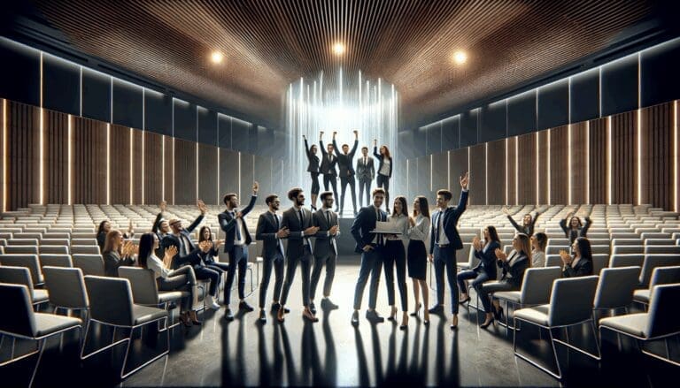 Equipo de jóvenes profesionales celebrando en un auditorio moderno iluminado, ambiente de premiación tecnológica.