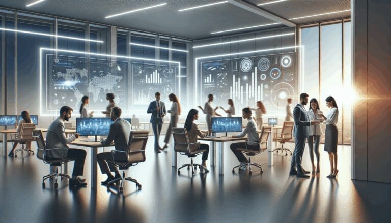 Oficina moderna con personas colaborando y gráficos tecnológicos en pantallas luminosas.