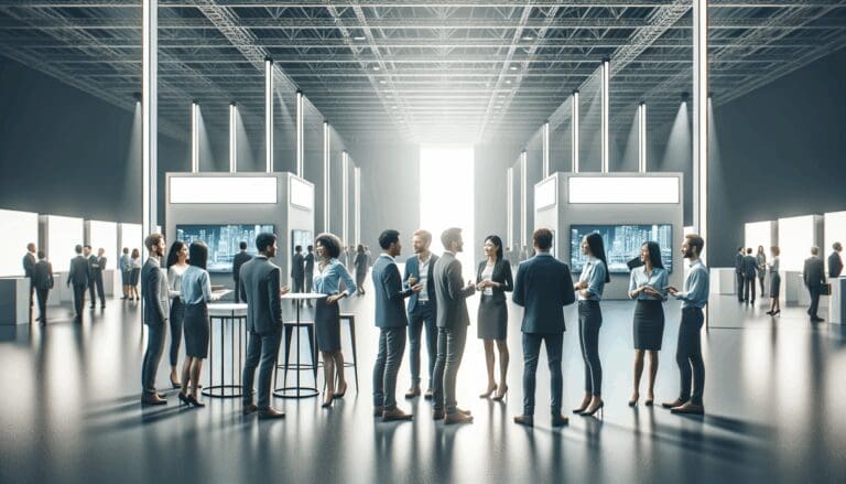 Jóvenes emprendedores conversando en un moderno centro de convenciones iluminado, con stands tecnológicos y pantallas digitales.