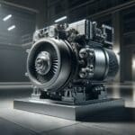 Primer plano de un motor innovador sobre fondo industrial, luces tenues resaltando componentes mecánicos del prototipo.