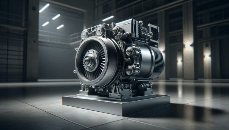 Primer plano de un motor innovador sobre fondo industrial, luces tenues resaltando componentes mecánicos del prototipo.