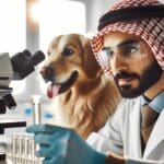 Primer plano de un investigador en laboratorio biotecnológico analizando muestras junto a un perro.