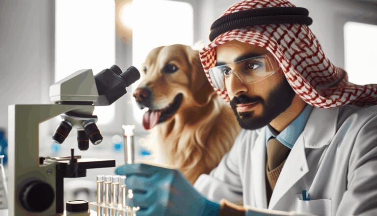 Primer plano de un investigador en laboratorio biotecnológico analizando muestras junto a un perro.