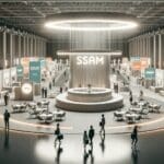 Espacio de exposición moderno en feria internacional, con stands de startups y ambiente innovador.