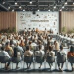Personas reunidas en un auditorio moderno, atentos a una presentación sobre innovación y startups.