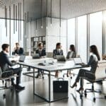 Oficinas modernas con equipo de emprendedores conversando y laptops sobre la mesa.