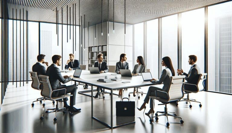 Oficinas modernas con equipo de emprendedores conversando y laptops sobre la mesa.