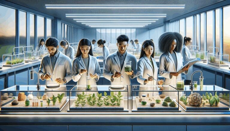 Investigadores jóvenes en laboratorio, manipulando materiales naturales en un entorno tecnológico y sostenible.