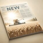 Campo de trigo bajo el sol con una cosechadora en acción