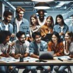 Grupos de jóvenes fundadores colaborando en un moderno espacio de coworking lleno de tecnología.