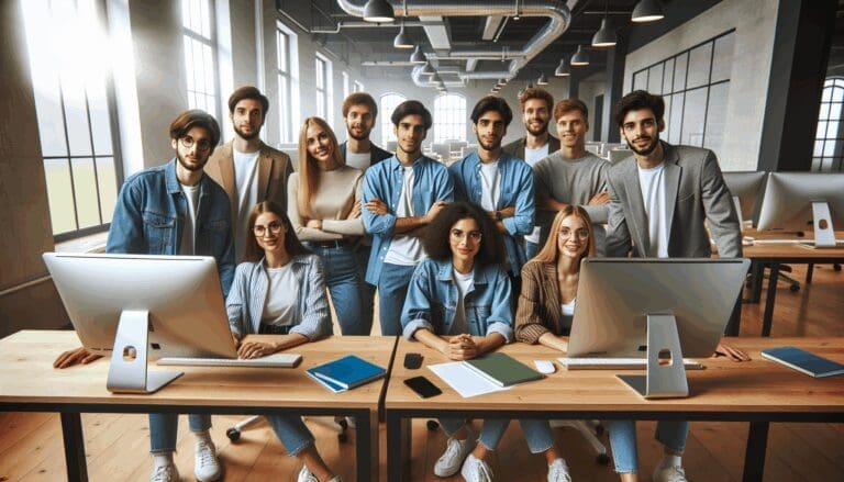 Equipo diverso de jóvenes emprendedores reunidos frente a computadoras modernas en una oficina de coworking luminosa.