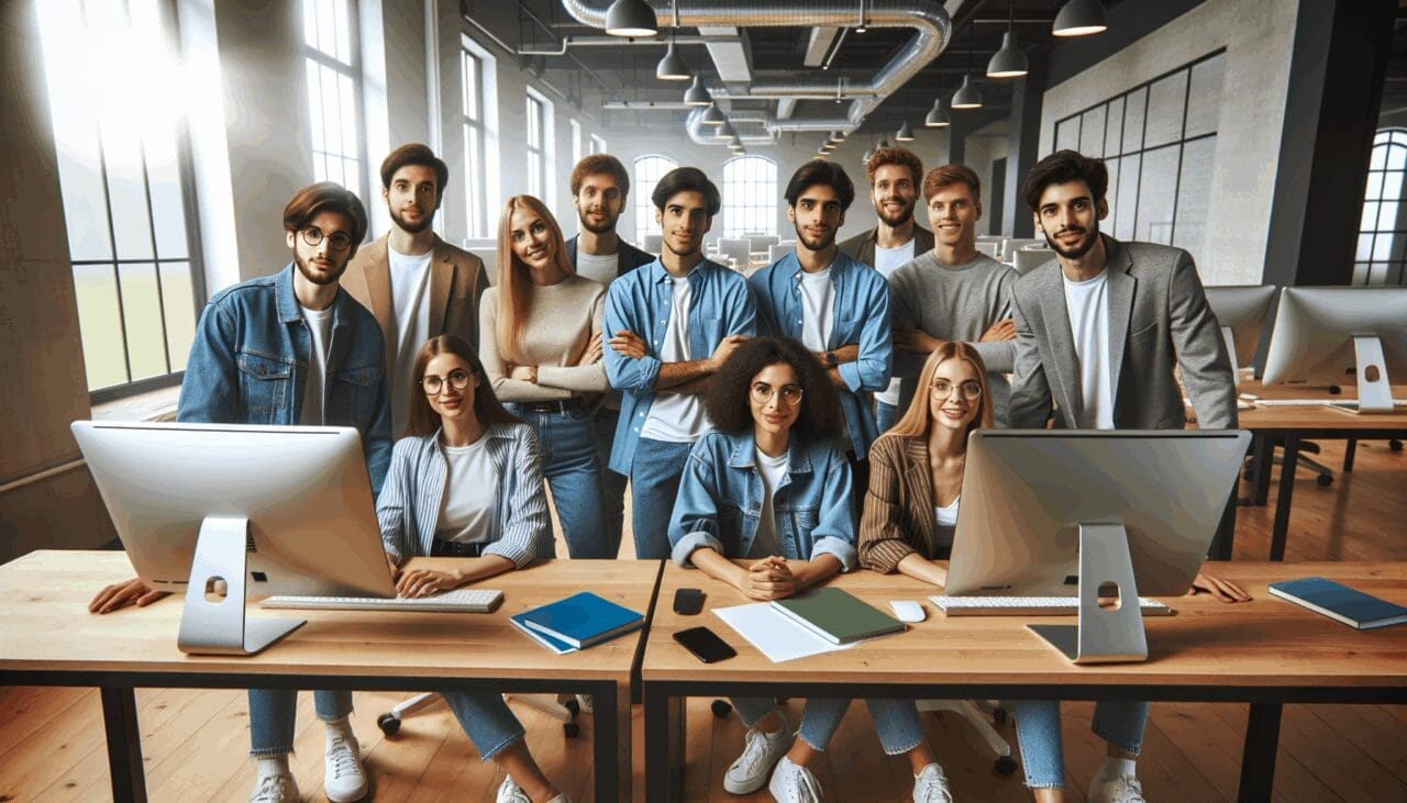Equipo diverso de jóvenes emprendedores reunidos frente a computadoras modernas en una oficina de coworking luminosa.