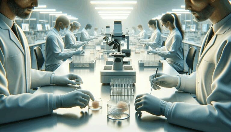 Primer plano de manos de investigadores trabajando con muestras de biomaterial en laboratorio moderno, entorno limpio y tecnológico.