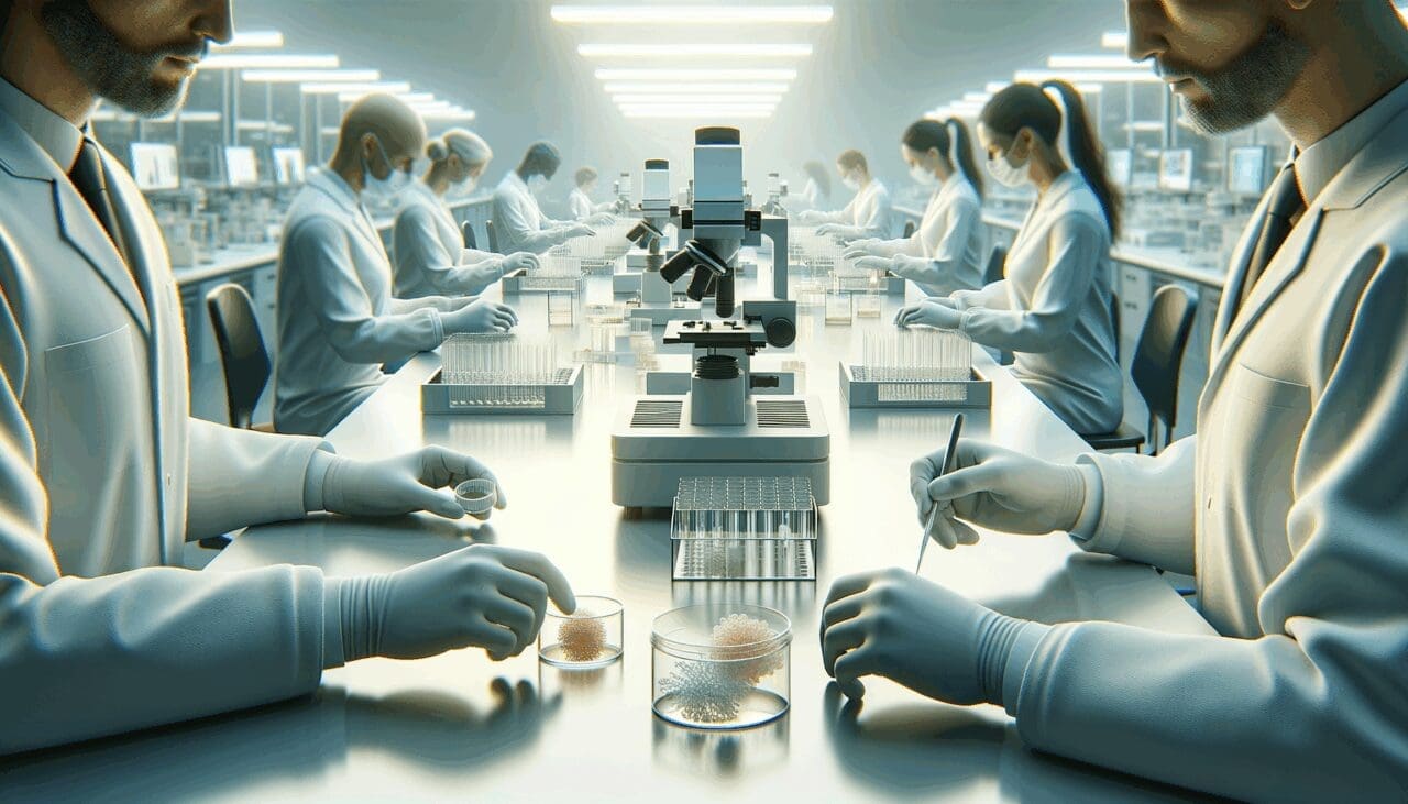 Primer plano de manos de investigadores trabajando con muestras de biomaterial en laboratorio moderno, entorno limpio y tecnológico.
