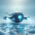 Dron submarino tecnológico navegando bajo el hielo, con luz azulada y fondo oceánico ártico