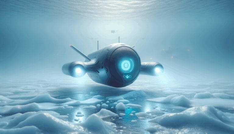 Dron submarino tecnológico navegando bajo el hielo, con luz azulada y fondo oceánico ártico