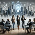 Grupo diverso de emprendedores presentando ideas en un auditorio moderno, con fondo de visualizaciones tecnológicas de ciudad.