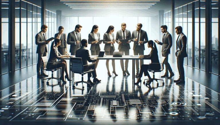 Grupo de inversionistas reunidos en una mesa moderna, analizando proyectos tecnológicos en un entorno corporativo.