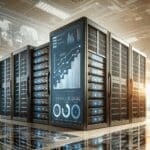 Modernos servidores y pantallas digitales con gráficos de crecimiento, en un entorno corporativo tecnológico.