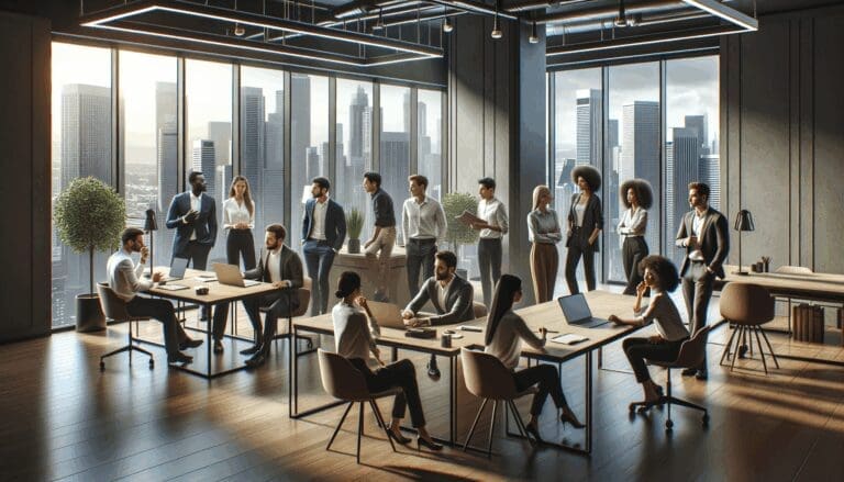 Grupo de emprendedores colaborando en un espacio moderno de coworking con vista a la ciudad.