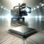 Primer plano estilizado de un microchip sobre una superficie futurista metálica y difusa.