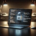 Primer plano de una computadora portátil con pantalla de código y un candado físico, ambiente oscuro y profesional.