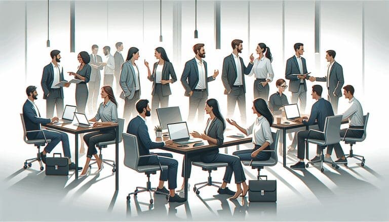 Ilustración minimalista de emprendedores colaborando en un espacio de coworking tecnológico.