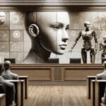 Detalle de tribunal moderno con imágenes digitales de inteligencia artificial en el fondo