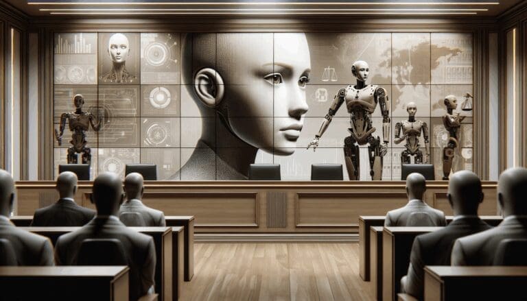 Detalle de tribunal moderno con imágenes digitales de inteligencia artificial en el fondo