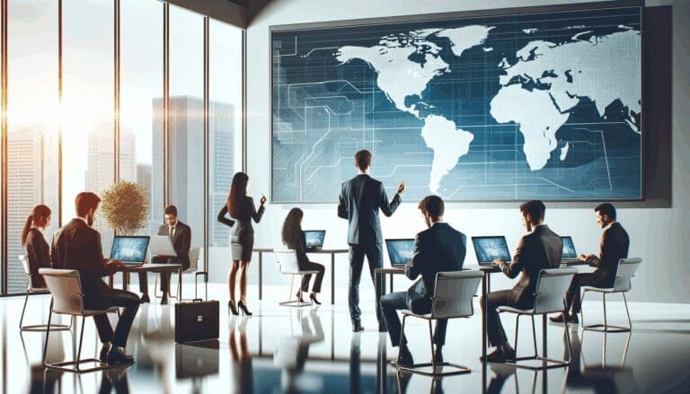 Oficina moderna con personas colaborando frente a laptops y un mapa de América Latina en pantalla de fondo.