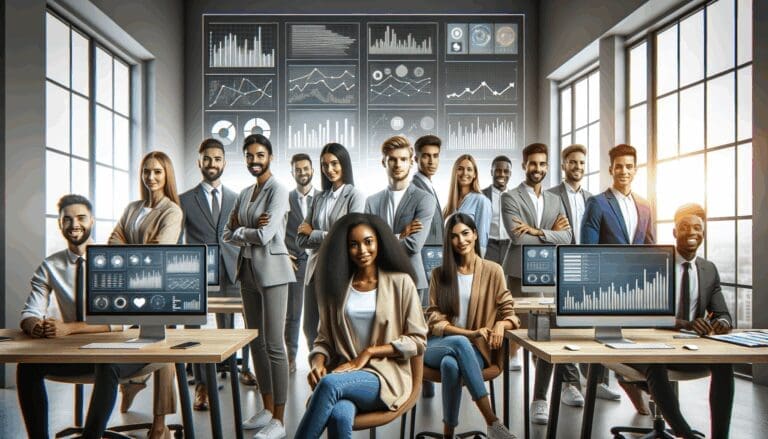 Equipo de jóvenes profesionales trabajando frente a pantallas con gráficos de datos en una oficina moderna y luminosa.