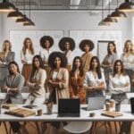 Grupo diverso de mujeres emprendedoras reunidas en un espacio moderno de coworking, con portátiles y pizarras digitales.
