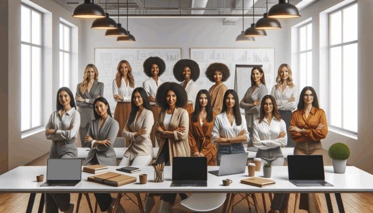 Grupo diverso de mujeres emprendedoras reunidas en un espacio moderno de coworking, con portátiles y pizarras digitales.