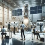 Laboratorio espaciale moderno con emprendedores trabajando en prototipos de satélites y tecnología aeroespacial.