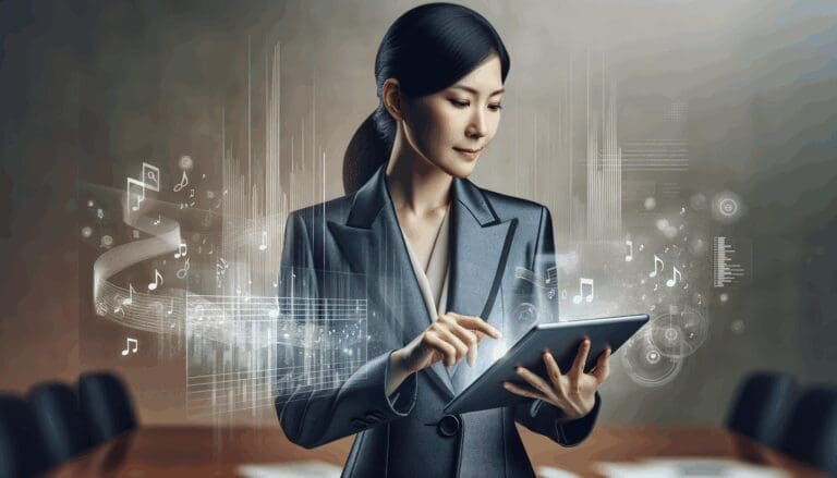 Persona utilizando una tablet en un entorno moderno, con notas musicales y gráficos digitales en el fondo.