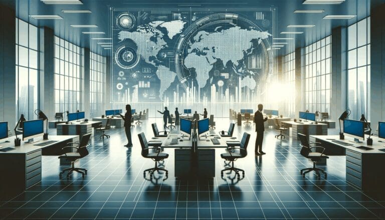 Oficinas modernas con tecnología avanzada en primer plano y un mapa de América Latina de fondo.