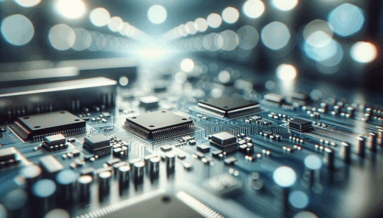 Primer plano de placas de circuitos y chips en un laboratorio de alta tecnología, fondo desenfocado y colores fríos.