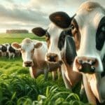 Primer plano de un grupo de vacas lecheras en un campo verde con fondo difuminado y luz natural