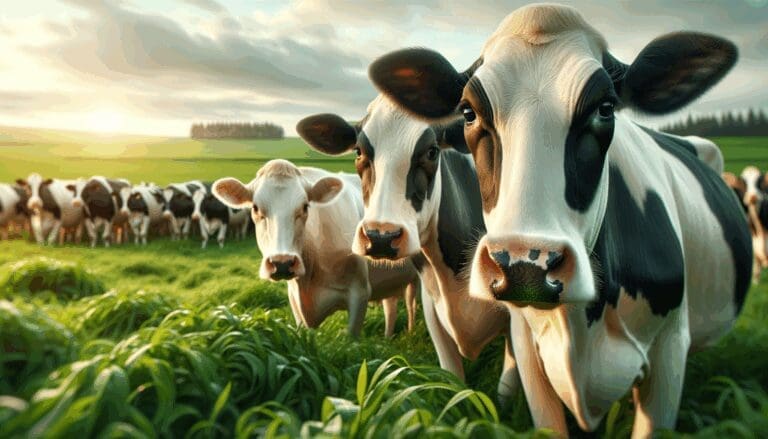 Primer plano de un grupo de vacas lecheras en un campo verde con fondo difuminado y luz natural